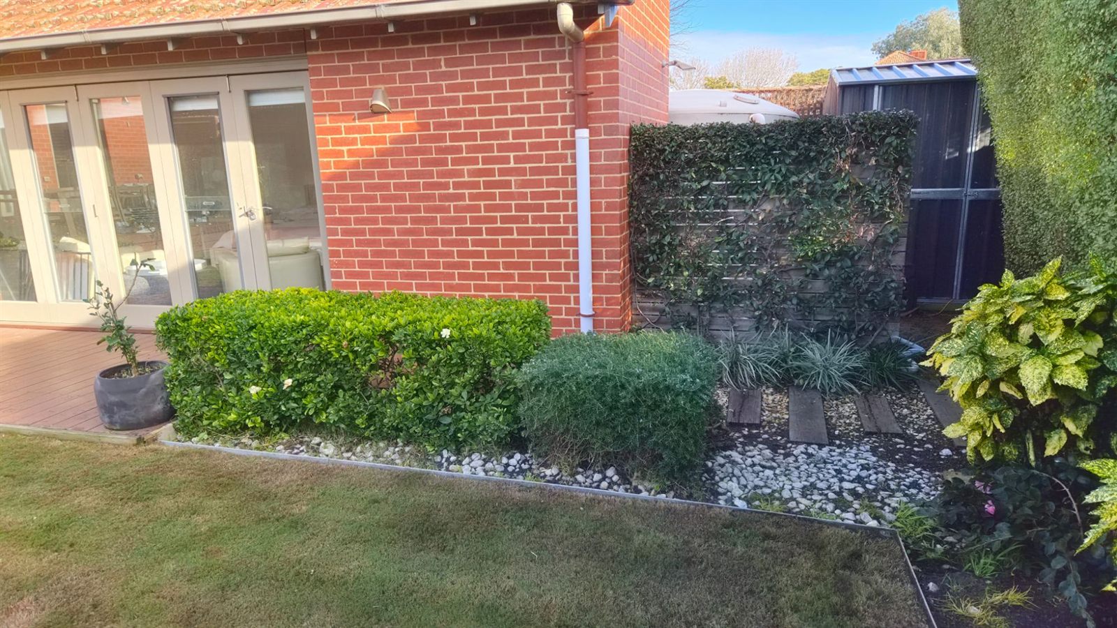 Clipped hedge and tidy pebble garden bed after garden bed maintenance, Bayside Melbourne